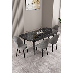 Milas Siyah Mermer Desen 80x132 Açılabilir Mdf Masa Yemek Odası Takımı,mutfak Takımı 4 Adet Sandalye Gri