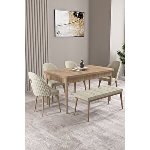 Milas Meşe Desen 80x132 Açılabilir Mdf Masa Yemek Odası Takımı, Mutfak Takımı 4 Sandalye, 1 Bench Krem
