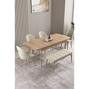 Milas Meşe Desen 80x132 Açılabilir Mdf Masa Yemek Odası Takımı, Mutfak Takımı 4 Sandalye, 1 Bench Krem