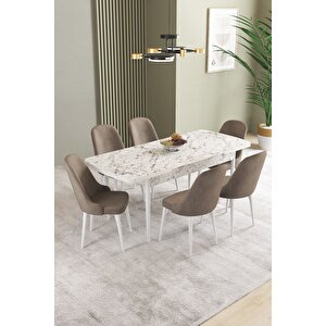 Ikon Beyaz Mermer 80x132 Açılabilir Mdf Masa Yemek Odası Takımı, Mutfak Takımı 6 Adet Sandalye Cappuccino