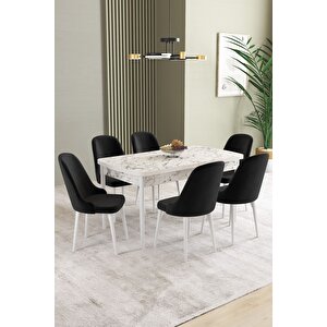 Ikon Beyaz Mermer 80x132 Açılabilir Mdf Masa Yemek Odası Takımı, Mutfak Takımı 6 Adet Sandalye Siyah