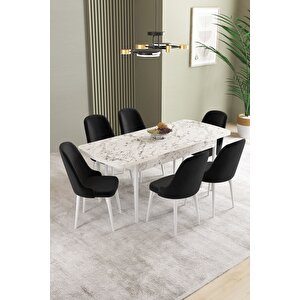 Ikon Beyaz Mermer 80x132 Açılabilir Mdf Masa Yemek Odası Takımı, Mutfak Takımı 6 Adet Sandalye Siyah