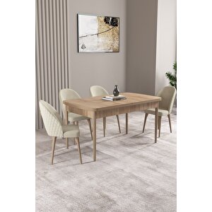 Milas Meşe Desen 80x132 Açılabilir Mdf Masa Yemek Odası Takımı, Mutfak Takımı 4 adet Sandalye Krem