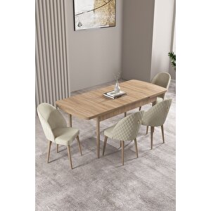 Milas Meşe Desen 80x132 Açılabilir Mdf Masa Yemek Odası Takımı, Mutfak Takımı 4 adet Sandalye Krem