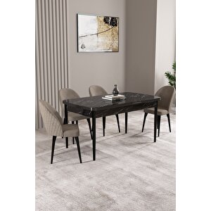Milas Siyah Mermer Desen 80x132 Açılabilir Mdf Masa Yemek Odası Takımı,mutfak Takımı 4 Adet Sandalye Cappuccino