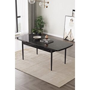 Fiona 80x132 Mdf Masa Metal Ayaklı Açılabilir Üst Kalite Mutfak Masası, Yemek Masası, Salon Masası Siyah Mermer