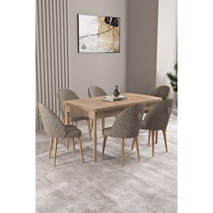 Milas Meşe Desen 80x132 Açılabilir Mdf Masa Yemek Odası Takımı, Mutfak Takımı 6 adet Sandalye Cappuccino