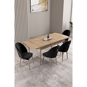 Milas Meşe Desen 80x132 Açılabilir Mdf Masa Yemek Odası Takımı, Mutfak Takımı 4 adet Sandalye Siyah