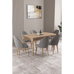 Milas Meşe Desen 80x132 Açılabilir Mdf Masa Yemek Odası Takımı, Mutfak Takımı 6 adet Sandalye Gri