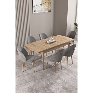 Milas Meşe Desen 80x132 Açılabilir Mdf Masa Yemek Odası Takımı, Mutfak Takımı 6 adet Sandalye Gri