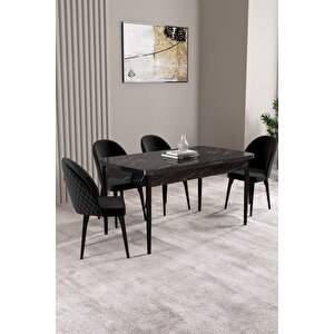 Milas Siyah Mermer Desen 80x132 Açılabilir Mdf Masa Yemek Odası Takımı,mutfak Takımı 4 Adet Sandalye Siyah