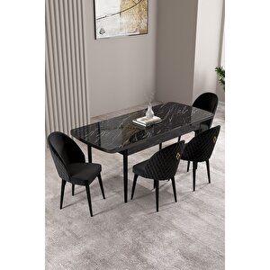Milas Siyah Mermer Desen 80x132 Açılabilir Mdf Masa Yemek Odası Takımı,mutfak Takımı 4 Adet Sandalye Siyah