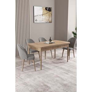 Milas Meşe Desen 80x132 Açılabilir Mdf Masa Yemek Odası Takımı, Mutfak Takımı 4 adet Sandalye Gri