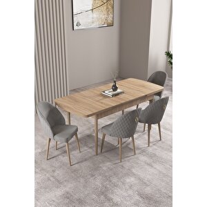 Milas Meşe Desen 80x132 Açılabilir Mdf Masa Yemek Odası Takımı, Mutfak Takımı 4 adet Sandalye Gri