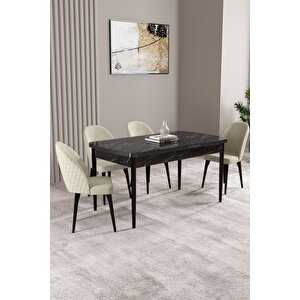 Milas Siyah Mermer Desen 80x132 Açılabilir Mdf Masa Yemek Odası Takımı,mutfak Takımı 4 Adet Sandalye Krem