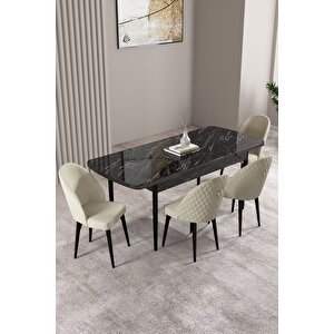 Milas Siyah Mermer Desen 80x132 Açılabilir Mdf Masa Yemek Odası Takımı,mutfak Takımı 4 Adet Sandalye Krem