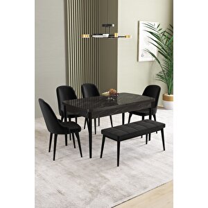 Ikon Siyah Mermer 80x132 Açılabilir Mdf Masa Yemek Odası Takımı, Mutfak Takımı 4 Sandalye, 1 Bench Siyah