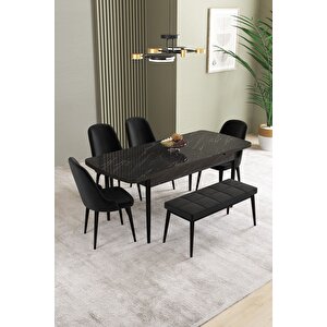 Ikon Siyah Mermer 80x132 Açılabilir Mdf Masa Yemek Odası Takımı, Mutfak Takımı 4 Sandalye, 1 Bench Siyah