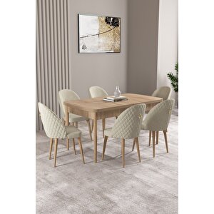 Milas Meşe Desen 80x132 Açılabilir Mdf Masa Yemek Odası Takımı, Mutfak Takımı 6 adet Sandalye Krem