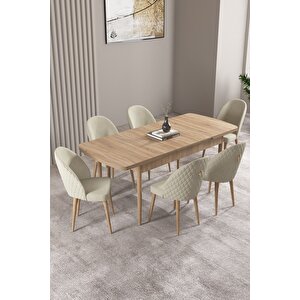 Milas Meşe Desen 80x132 Açılabilir Mdf Masa Yemek Odası Takımı, Mutfak Takımı 6 adet Sandalye Krem