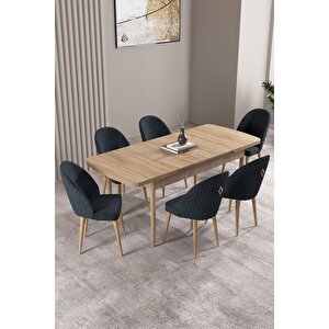 Milas Meşe Desen 80x132 Açılabilir Mdf Masa Yemek Odası Takımı, Mutfak Takımı 6 adet Sandalye Antrasit