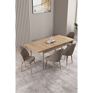 Milas Meşe Desen 80x132 Açılabilir Mdf Masa Yemek Odası Takımı, Mutfak Takımı 4 adet Sandalye Cappuccino