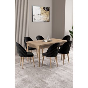 Milas Meşe Desen 80x132 Açılabilir Mdf Masa Yemek Odası Takımı, Mutfak Takımı 6 adet Sandalye Siyah
