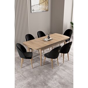 Milas Meşe Desen 80x132 Açılabilir Mdf Masa Yemek Odası Takımı, Mutfak Takımı 6 adet Sandalye Siyah