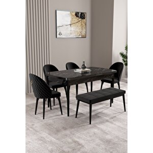 Milas Siyah Mermer Desen 80x132 Açılabilir Mdf Masa Yemek Odası Takımı,mutfak Takımı 4 Sandalye, 1 Bench Siyah