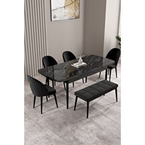 Milas Siyah Mermer Desen 80x132 Açılabilir Mdf Masa Yemek Odası Takımı,mutfak Takımı 4 Sandalye, 1 Bench Siyah