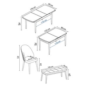 Milas Siyah Mermer Desen 80x132 Açılabilir Mdf Masa Yemek Odası Takımı,mutfak Takımı 4 Sandalye, 1 Bench