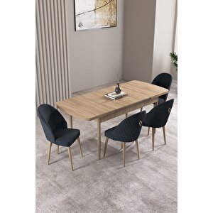 Milas Meşe Desen 80x132 Açılabilir Mdf Masa Yemek Odası Takımı, Mutfak Takımı 4 adet Sandalye Antrasit