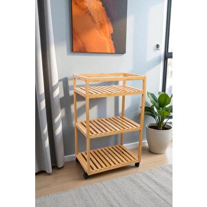 Bambu 3 Raflı Tekerlekli Sunum Servis Arabası Mutfak Rafı Sehpa Banyo Rafı Db-0029