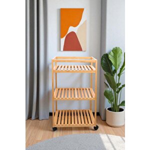 Bambu 3 Raflı Tekerlekli Sunum Servis Arabası Mutfak Rafı Sehpa Banyo Rafı Db-0029