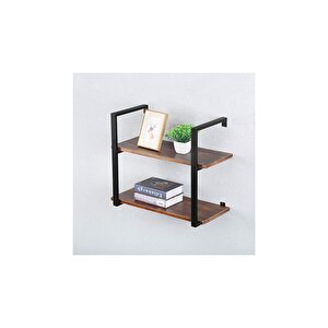 Tasnia Siyah Metal Ahşap Duvar Rafı 60cm 2 Katlı