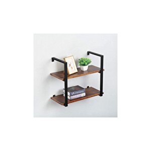 Tasnia Siyah Metal Ahşap Duvar Rafı 60cm 2 Katlı