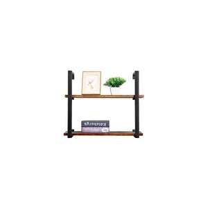 Tasnia Siyah Metal Ahşap Duvar Rafı 60cm 2 Katlı