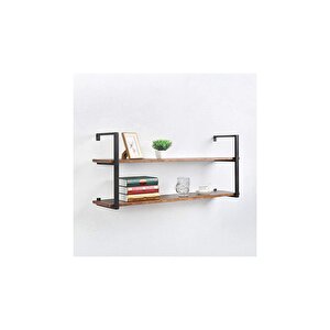 Tasnia Siyah Metal Ahşap Duvar Rafı 120cm 2 Katlı