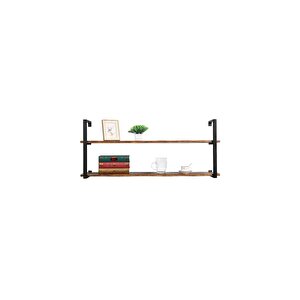 Tasnia Siyah Metal Ahşap Duvar Rafı 120cm 2 Katlı