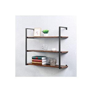 Tasnia Siyah Metal Ahşap Duvar Rafı 90cm 3 Katlı