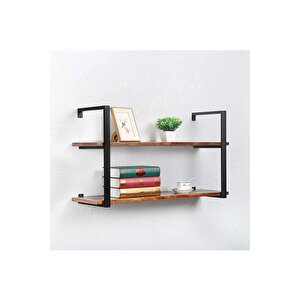 Tasnia Siyah Metal Ahşap Duvar Rafı 90cm 2 Katlı