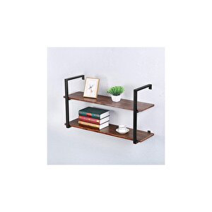 Tasnia Siyah Metal Ahşap Duvar Rafı 90cm 2 Katlı