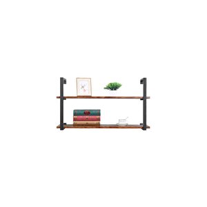Tasnia Siyah Metal Ahşap Duvar Rafı 90cm 2 Katlı