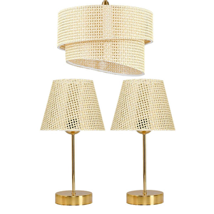 Rakkas Hasır Avize Asimetrik Sarkıt Ve Hasır Başlık Gold Metal Ayaklı Abajur Seti Hasır