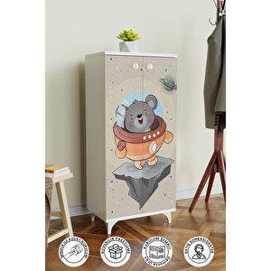 Little Astronaut 3 Raflı Çocuk Odası Dolabı Çok Amaçlı Baskılı Oyuncak Dolabı Beyaz