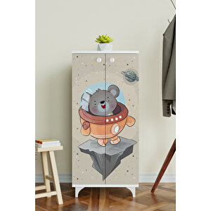Little Astronaut 3 Raflı Çocuk Odası Dolabı Çok Amaçlı Baskılı Oyuncak Dolabı Beyaz
