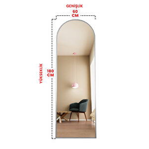 Oval Metal Çerçeveli Ayaklı Influencer Boy Aynası 180x60 Cm Gümüş