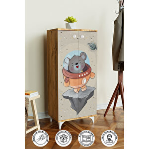 Little Astronaut 3 Raflı Çocuk Odası Dolabı Çok Amaçlı Baskılı Oyuncak Dolabı Ahşap