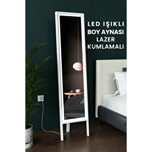 Led Işıklı Boy Aynası Lazer Kumlamalı 145x35 Cm Beyaz