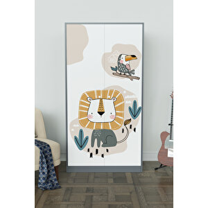 Jungle Animals Design "calista" Gardırop 5 Raflı Askılı Çocuk Odasi Elbise Dolabı Antrasit